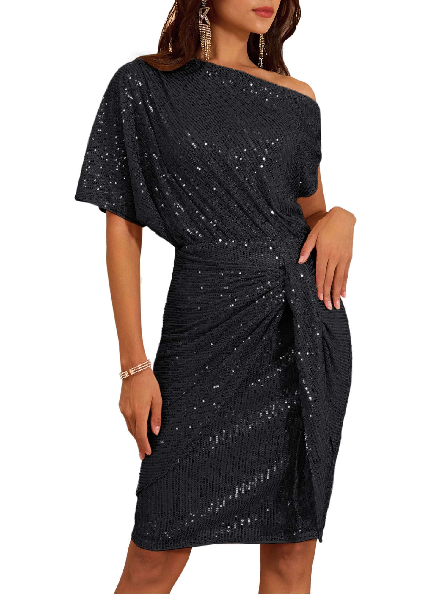 Women's One Shoulder Ruched Cocktail Bodycon Dress