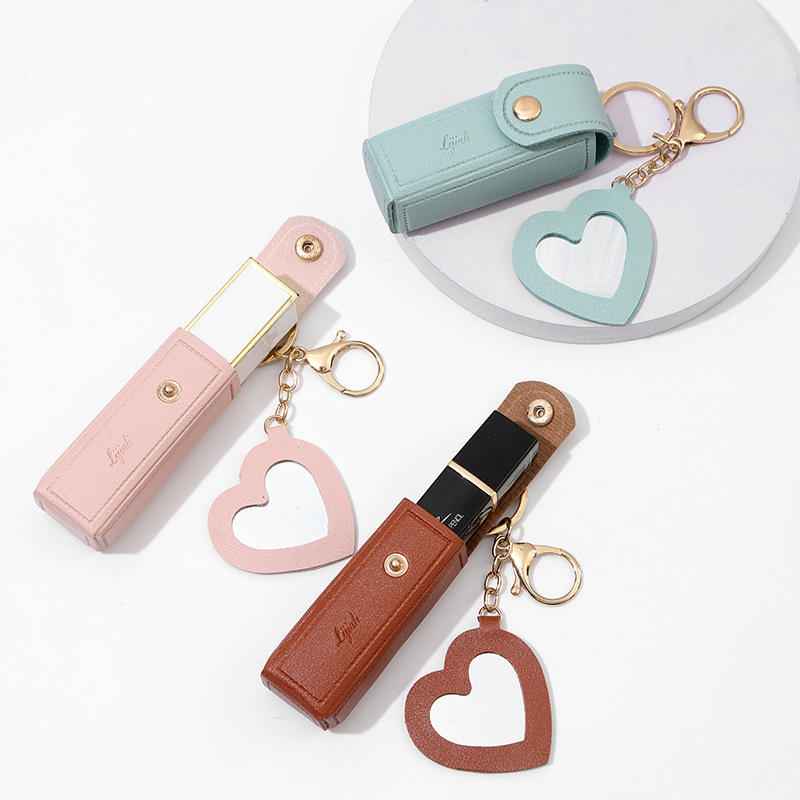 💖Soft Leather Portable Lipstick Case Holder Keychain💄