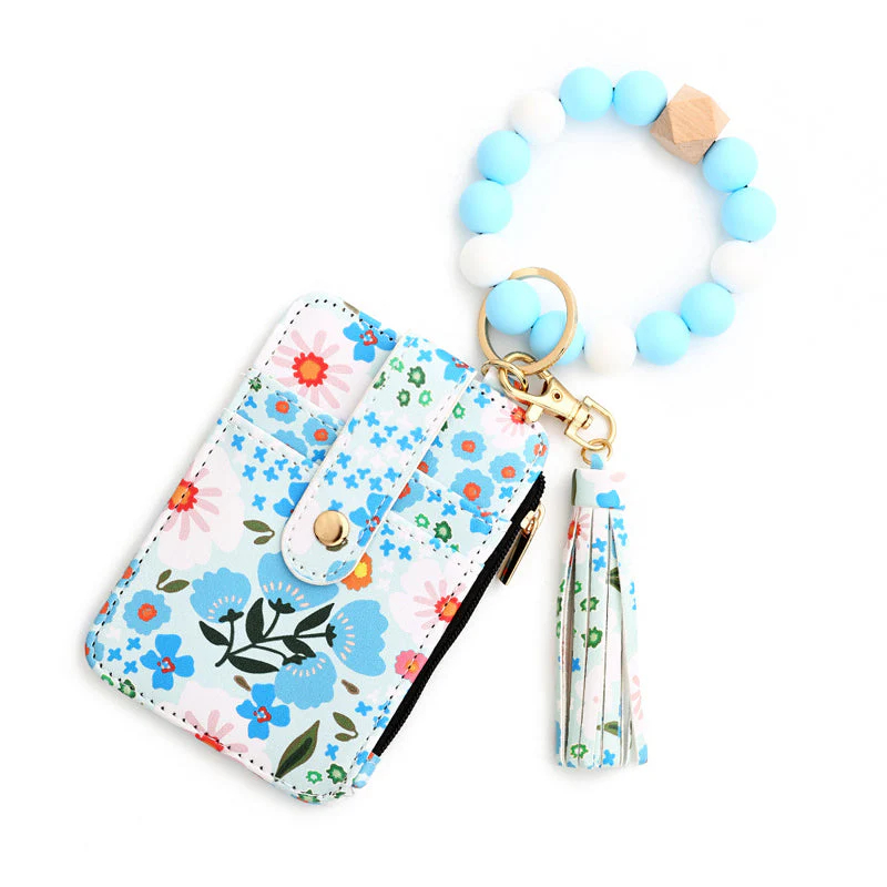 Women's Boho Style Beaded & Tassel Decorated Keychain with Flower Pattern Wallet
