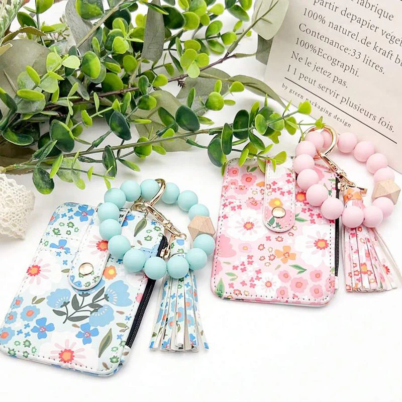 Women's Boho Style Beaded & Tassel Decorated Keychain with Flower Pattern Wallet