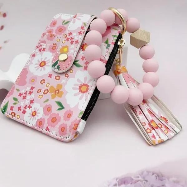 Women's Boho Style Beaded & Tassel Decorated Keychain with Flower Pattern Wallet