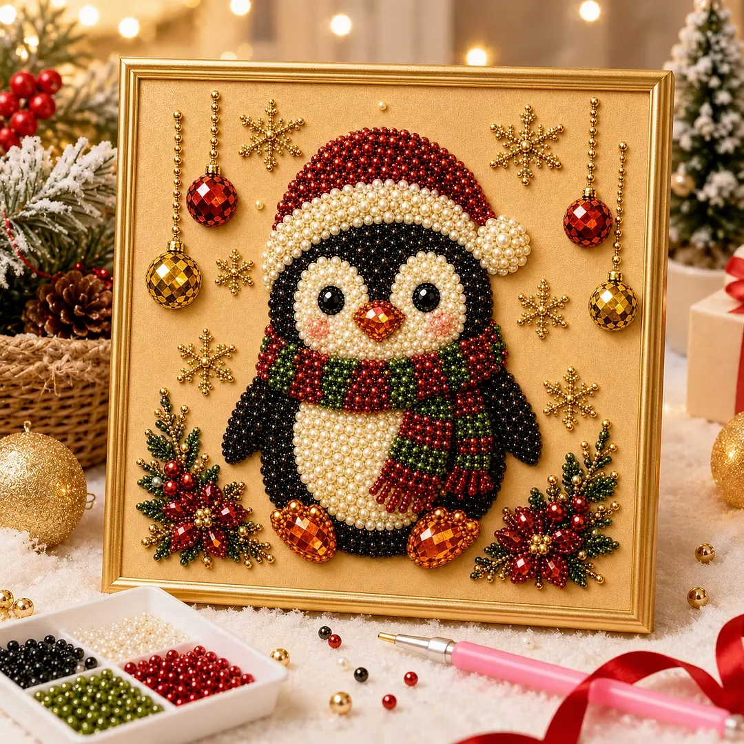 Holiday Pearl Painting DIY Kit – Beginner-Friendly 3D Beaded Artwork with Display Frame