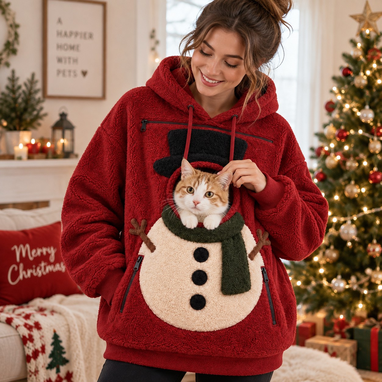 Christmas Cat Pouch Hoodie – Cozy Snowman Pullover for Pet Lovers