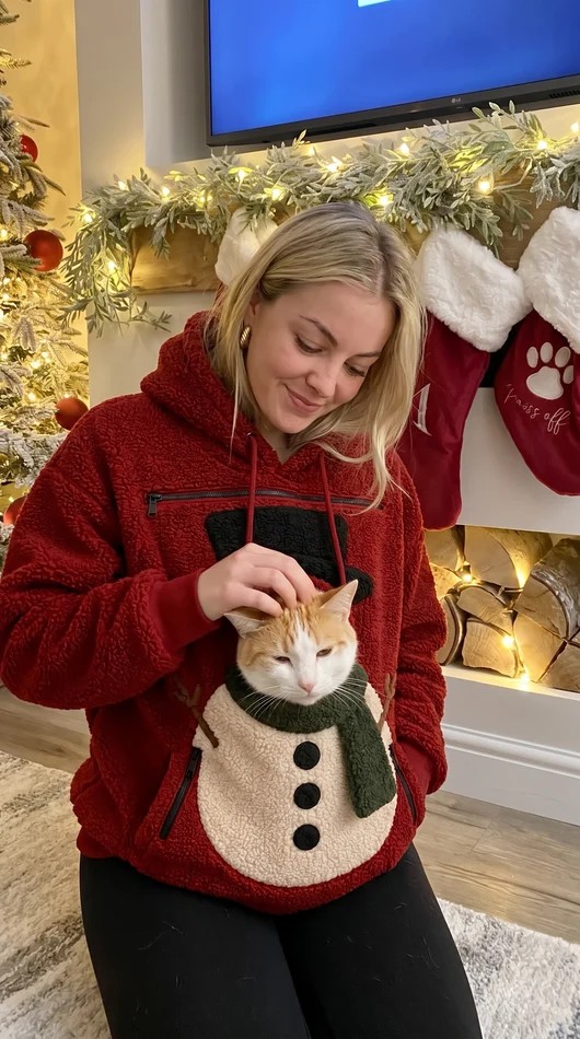 Christmas Cat Pouch Hoodie – Cozy Snowman Pullover for Pet Lovers