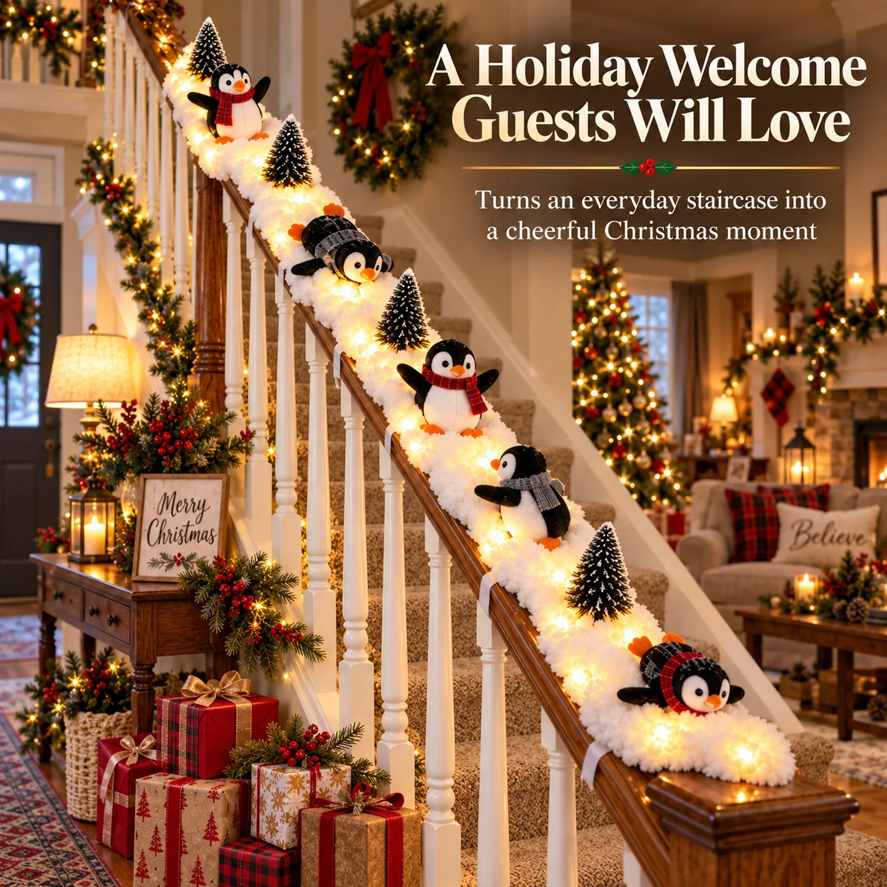 Christmas Penguin Staircase Garland with Warm LED Lights – 5-Piece Snowy Holiday Stair Decor