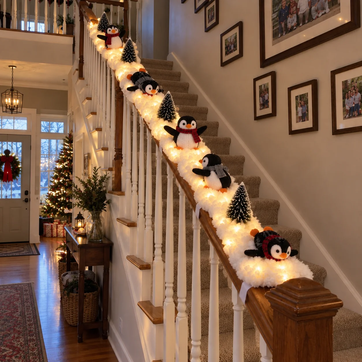 Christmas Penguin Staircase Garland with Warm LED Lights – 5-Piece Snowy Holiday Stair Decor
