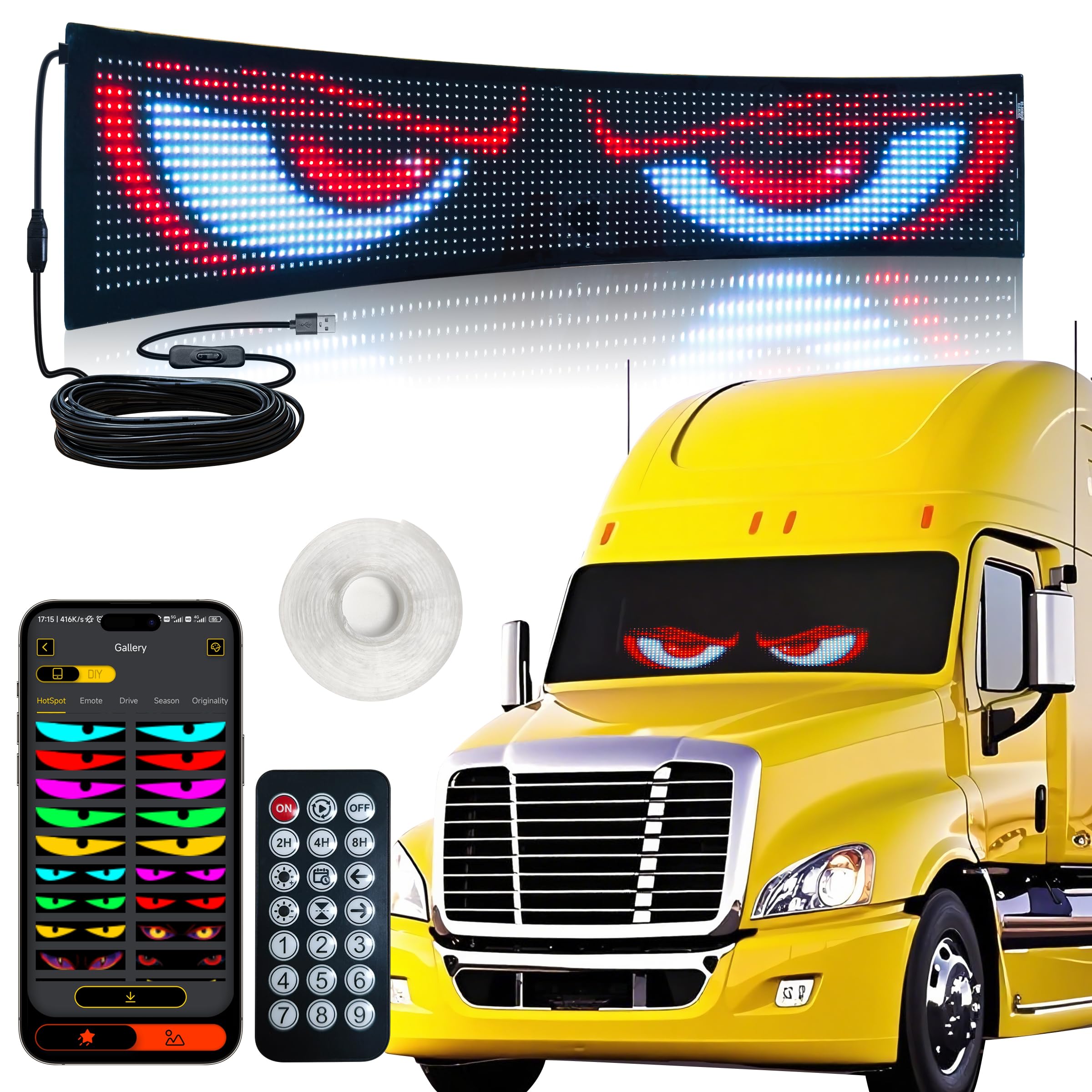 Programmable Devil Eyes Car Lights – Flexible RGB LED Windshield Display with App & Remote Control for Cars & Trucks