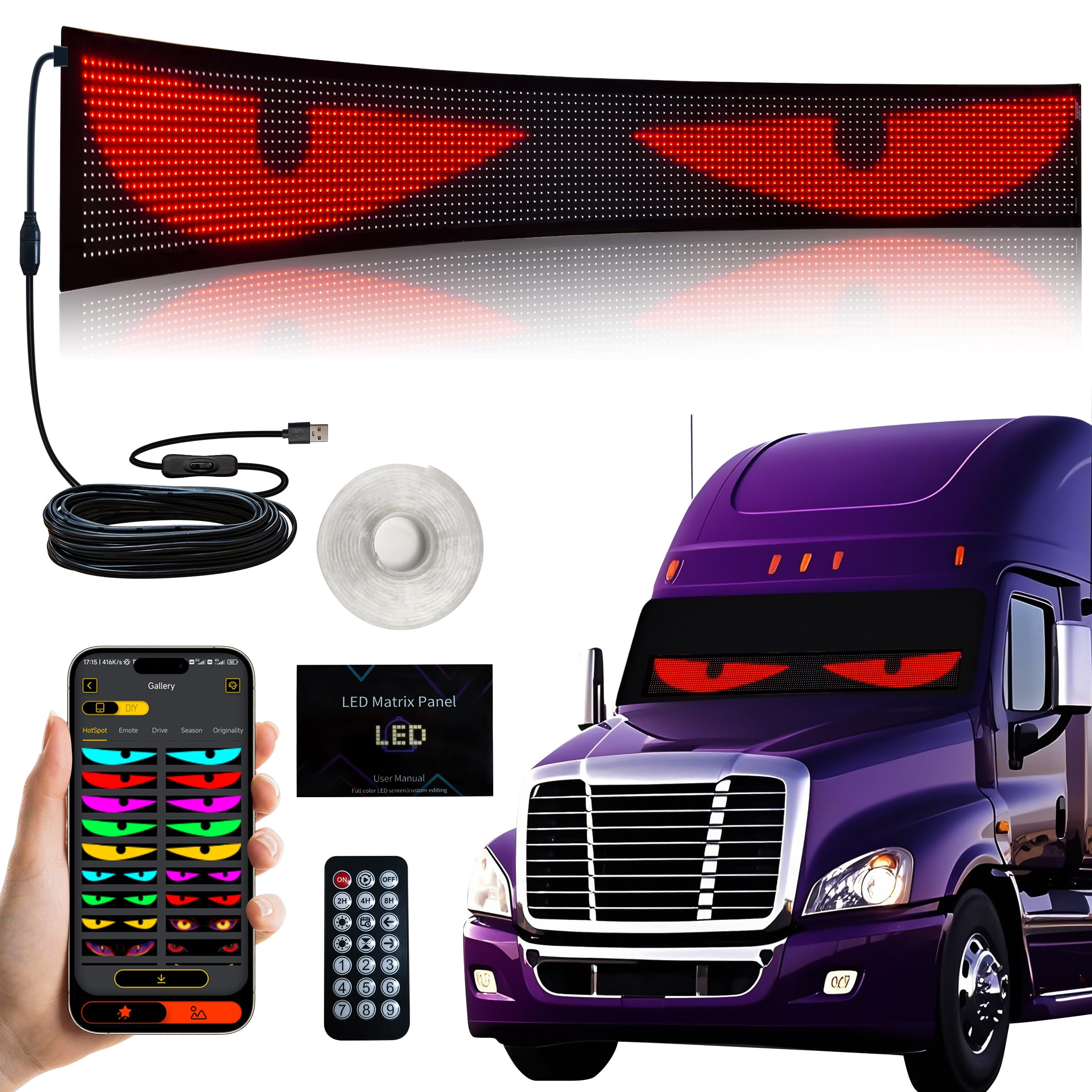 Programmable Devil Eyes Car Lights – Flexible RGB LED Windshield Display with App & Remote Control for Cars & Trucks