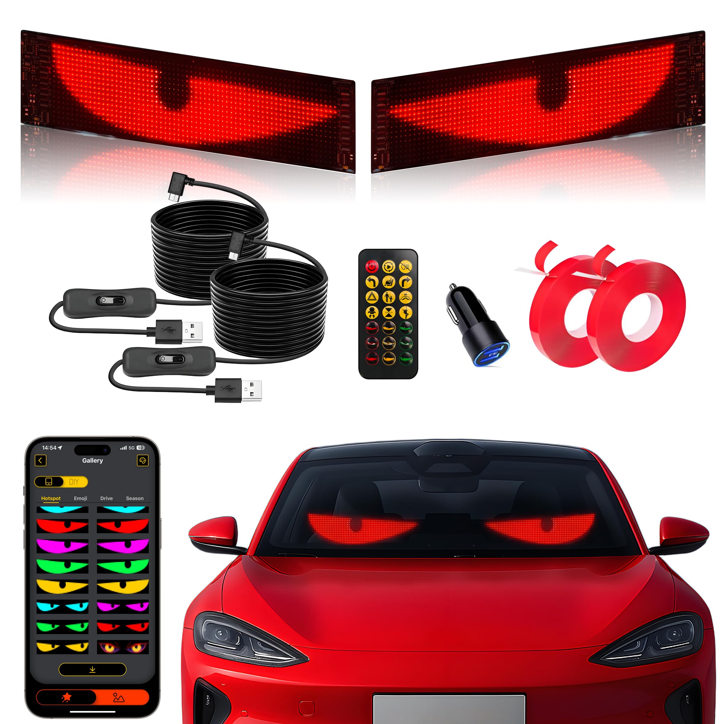 Programmable Devil Eyes Car Lights – Flexible RGB LED Windshield Display with App & Remote Control for Cars & Trucks