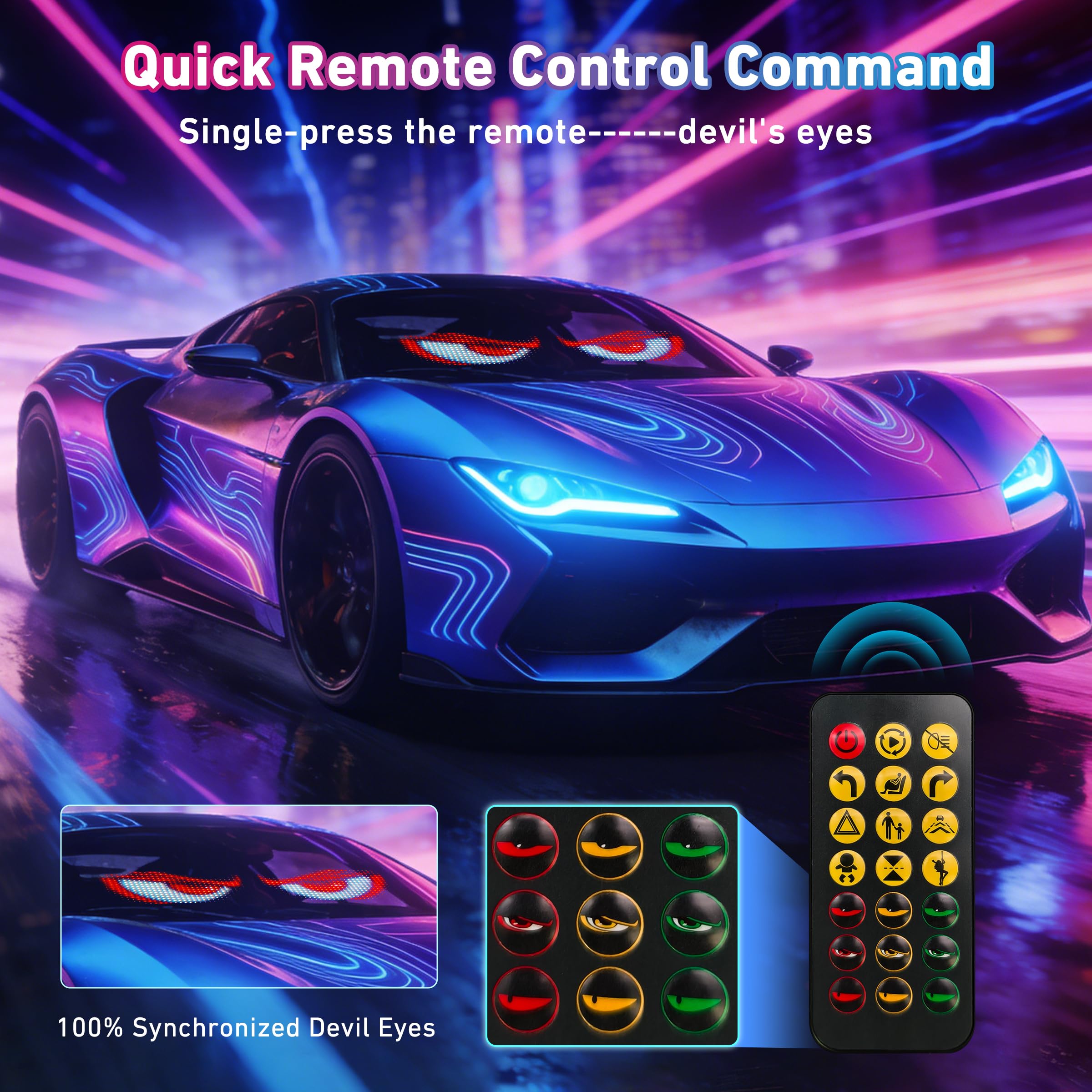 Programmable Devil Eyes Car Lights – Flexible RGB LED Windshield Display with App & Remote Control for Cars & Trucks