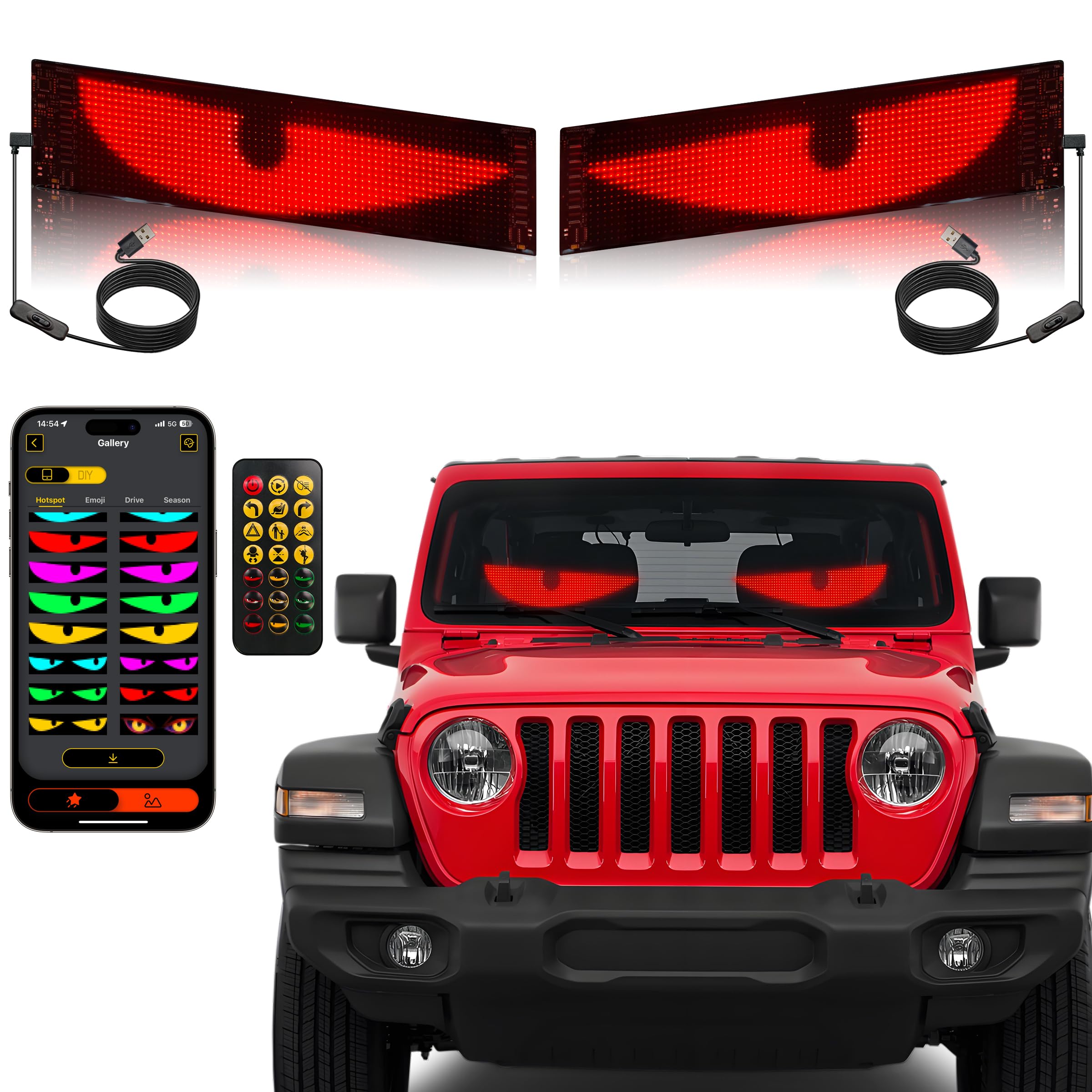 Programmable Devil Eyes Car Lights – Flexible RGB LED Windshield Display with App & Remote Control for Cars & Trucks