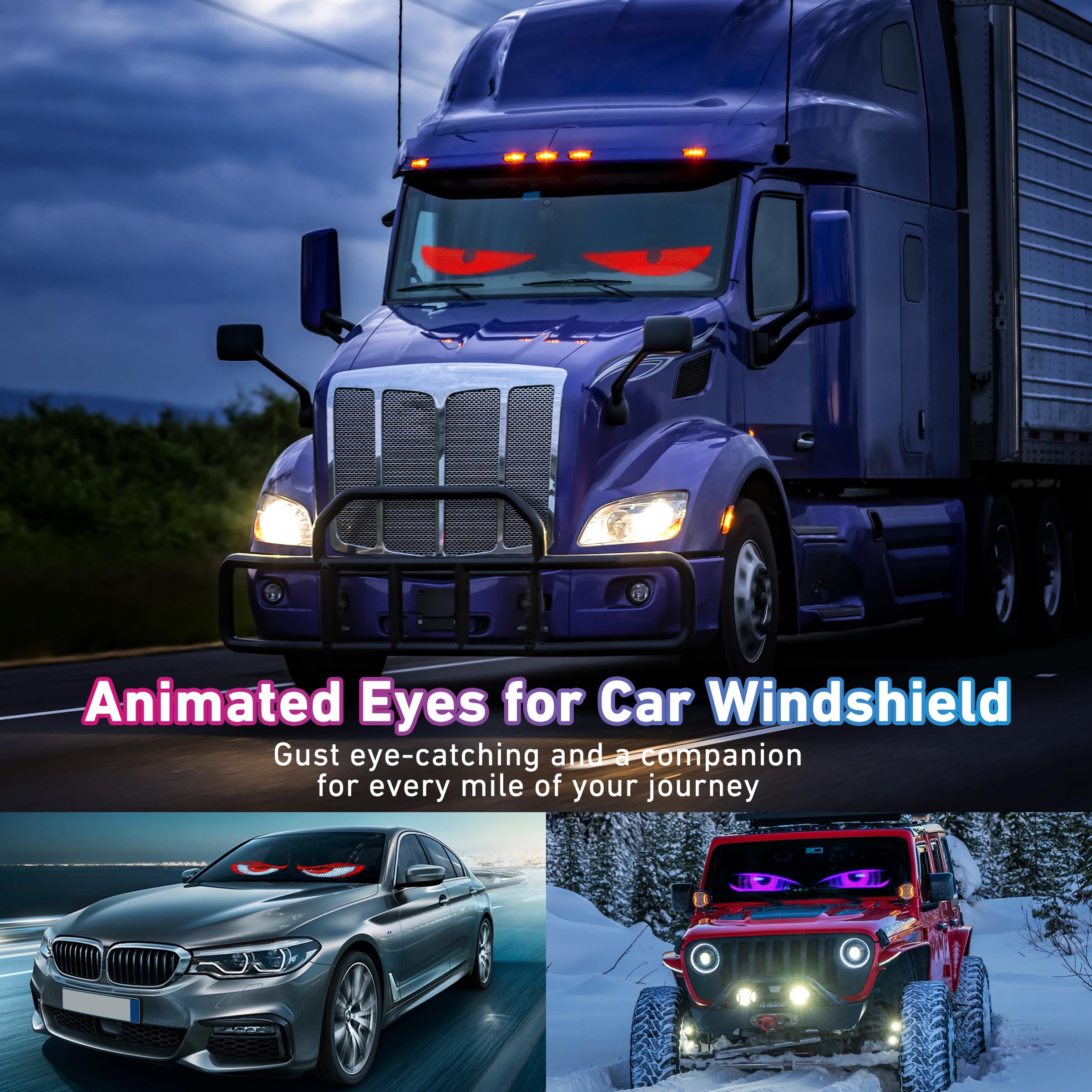 Programmable Devil Eyes Car Lights – Flexible RGB LED Windshield Display with App & Remote Control for Cars & Trucks