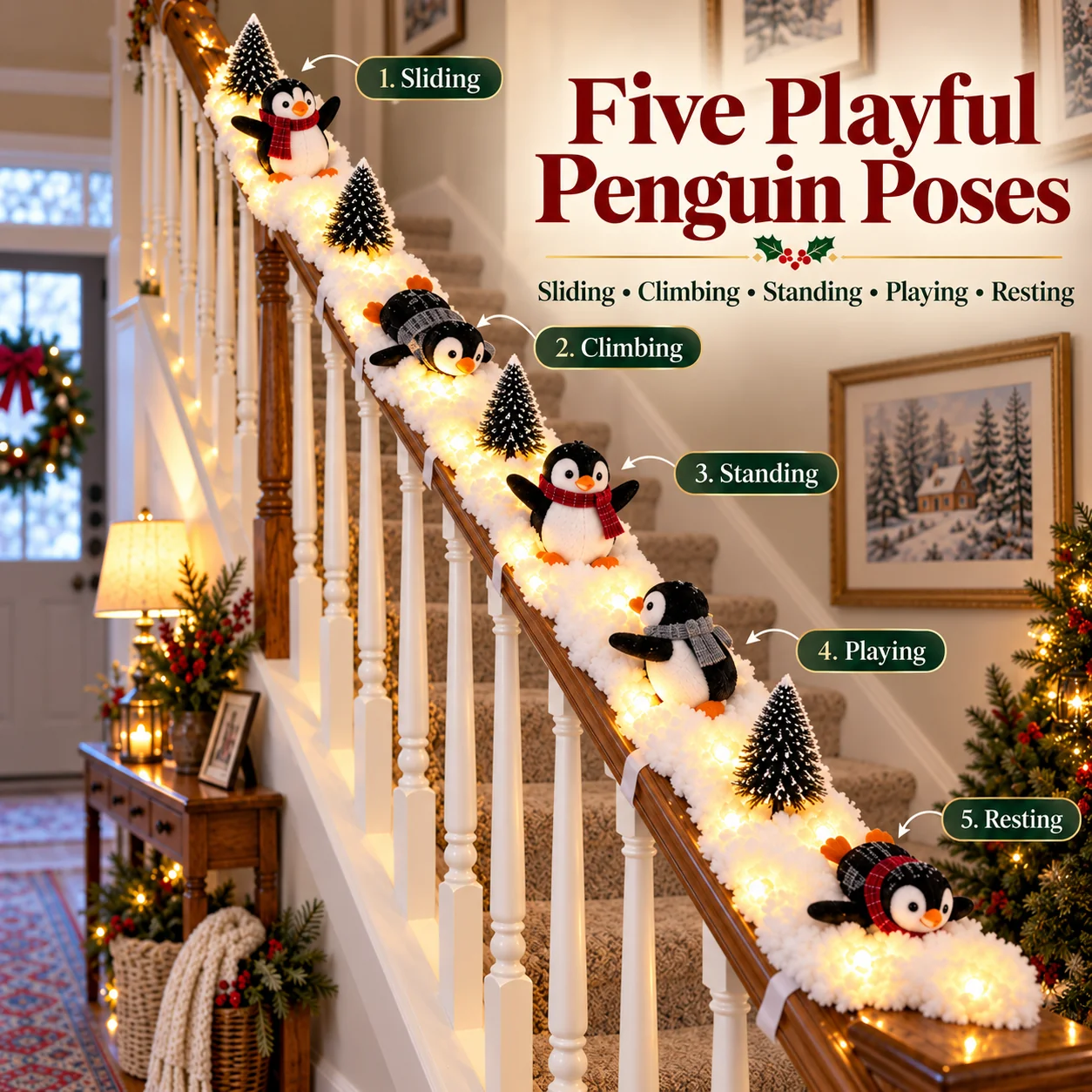 Christmas Penguin Staircase Garland with Warm LED Lights – 5-Piece Snowy Holiday Stair Decor