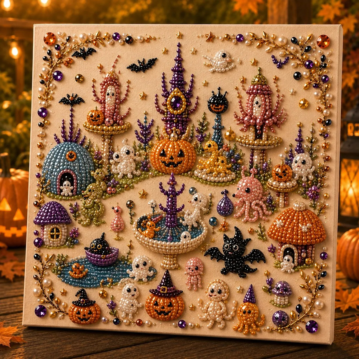 Halloween 3D Pearl Wall Art Kit 🎃✨ – Premium DIY Beaded Craft with Luxury Flocked Canvas for Spooky Home
