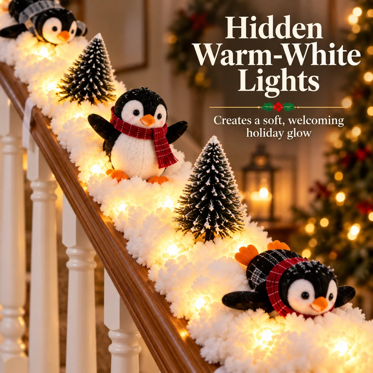 Christmas Penguin Staircase Garland with Warm LED Lights – 5-Piece Snowy Holiday Stair Decor