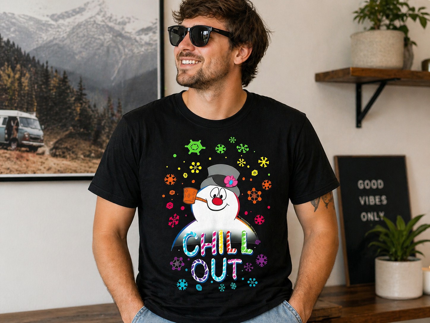 Funny Christmas T-Shirt – Chill Out Snowman Graphic Tee