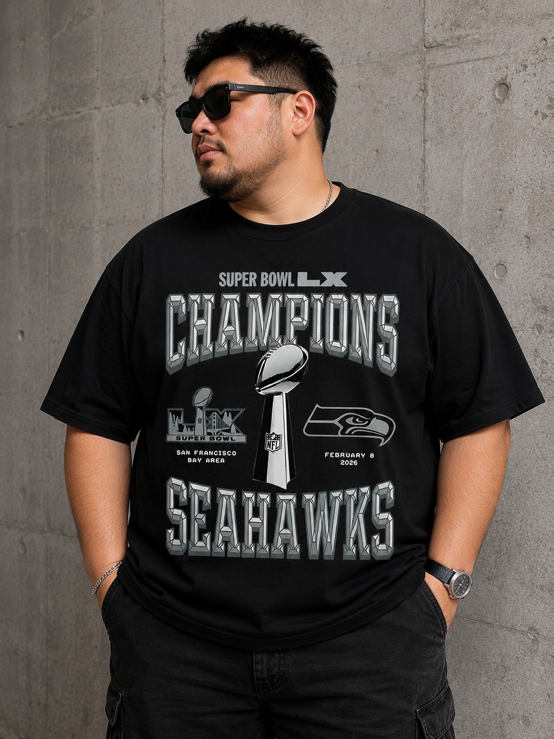 Seattle Seahawks Super Bowl LX Champions Graphic T-Shirt – Vintage Metallic Football Fan Tee
