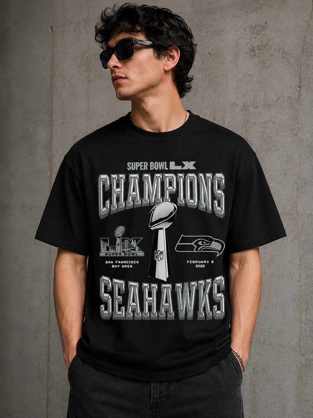 Seattle Seahawks Super Bowl LX Champions Graphic T-Shirt – Vintage Metallic Football Fan Tee