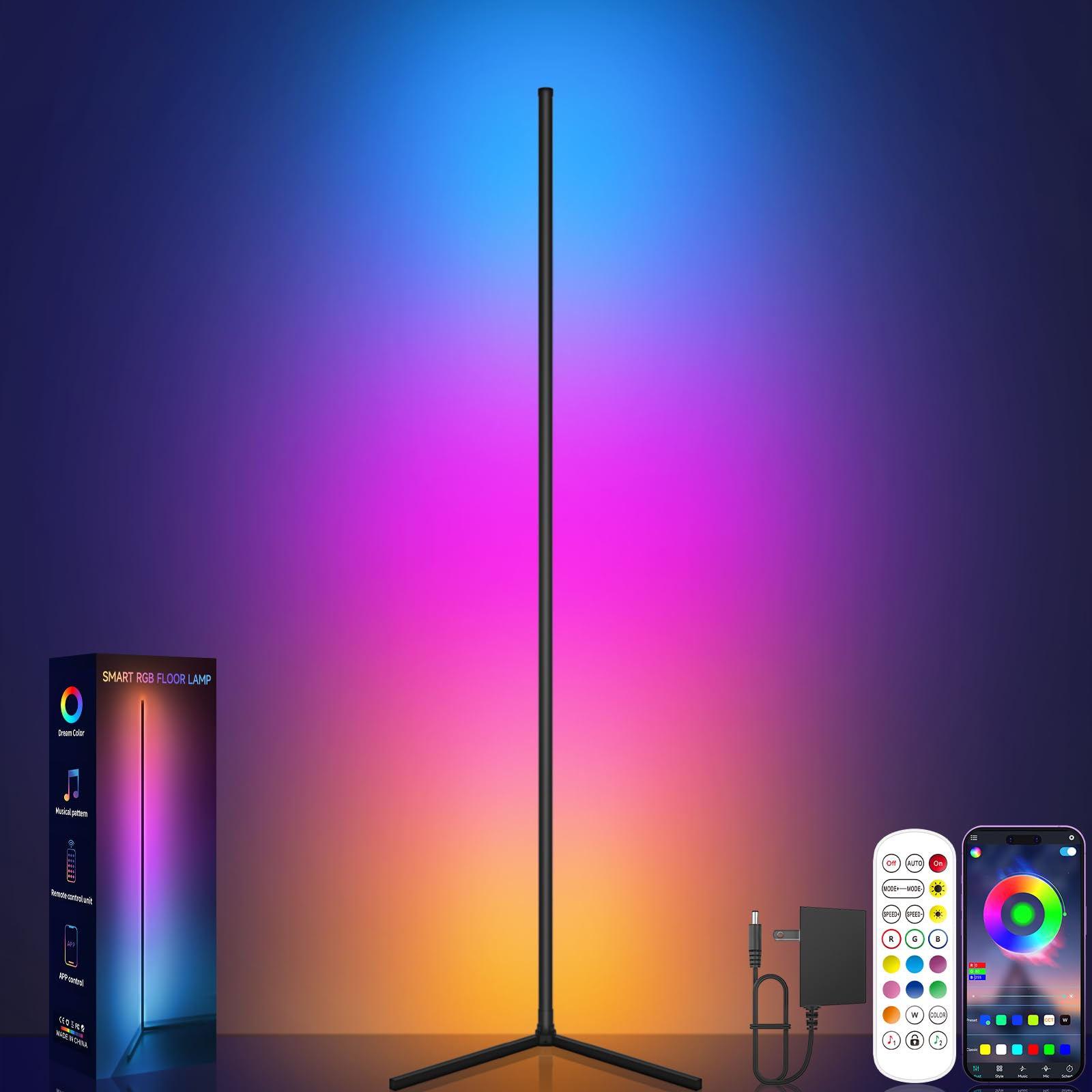 Smart RGB Corner Floor Lamp – 16M Colors, Music Sync, App & Remote, Color-Changing Ambient Lighting for Living Rooms, Bedrooms & Gaming Setup