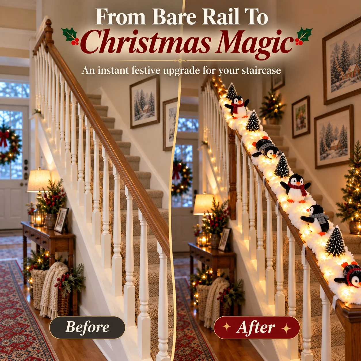 Christmas Penguin Staircase Garland with Warm LED Lights – 5-Piece Snowy Holiday Stair Decor