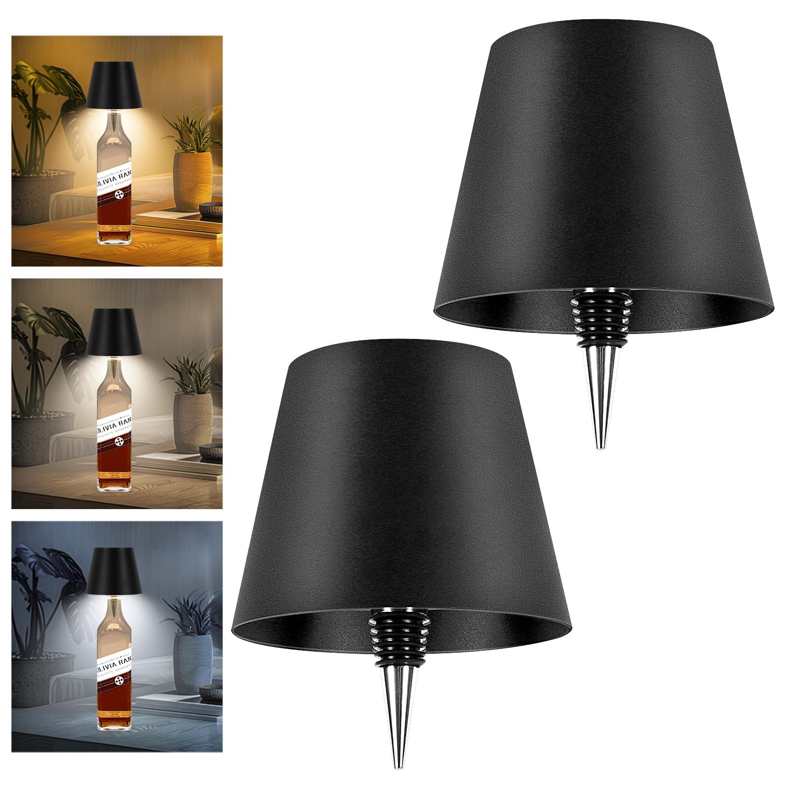 Rechargeable Wine Bottle Lamps – 3-Color Touch Dimmable Wireless Lights, 2-Pack