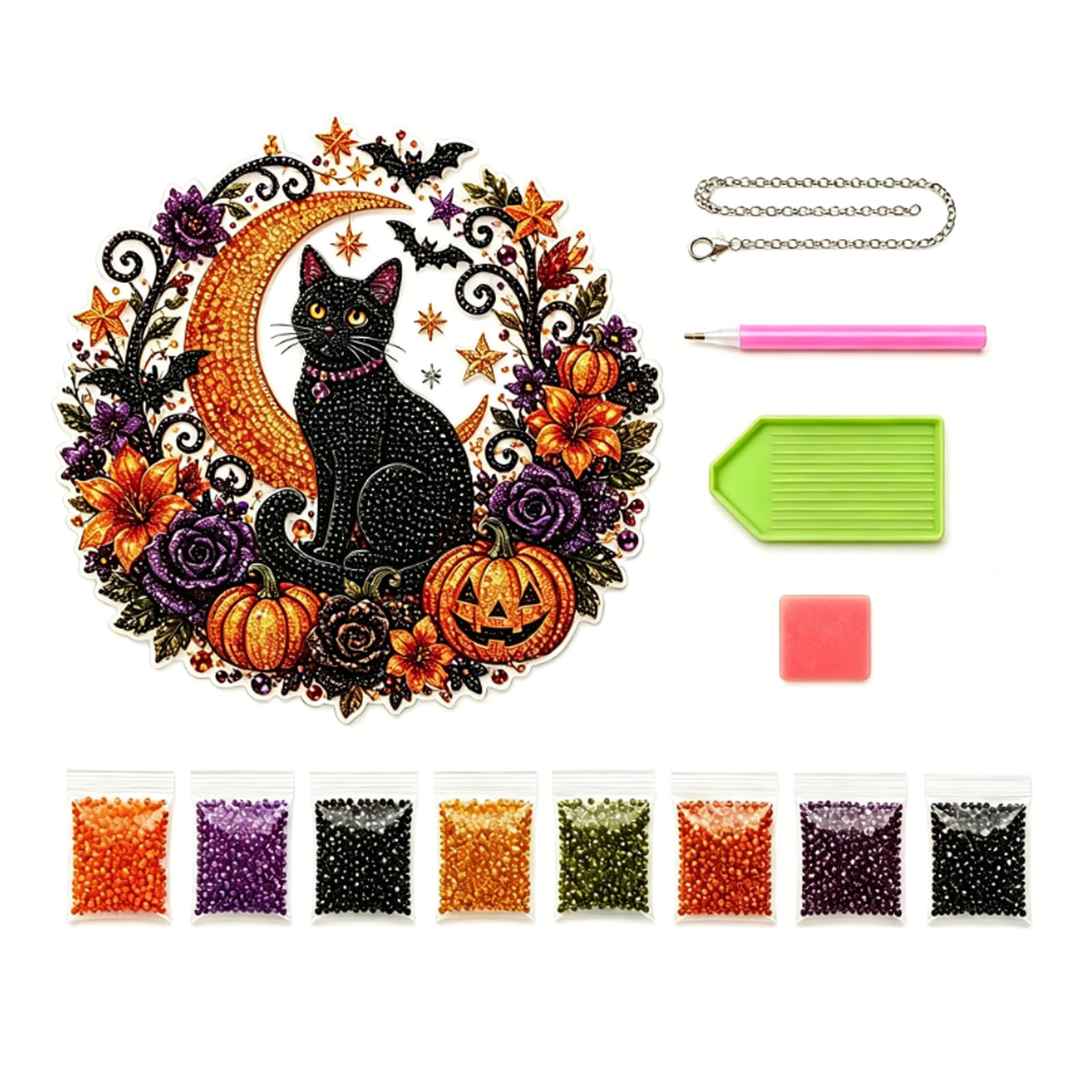 Halloween Black Cat Diamond Art Ornament Kit – DIY Moon Cat Acrylic Hanging Decoration for Spooky Season & Fall Home Decor