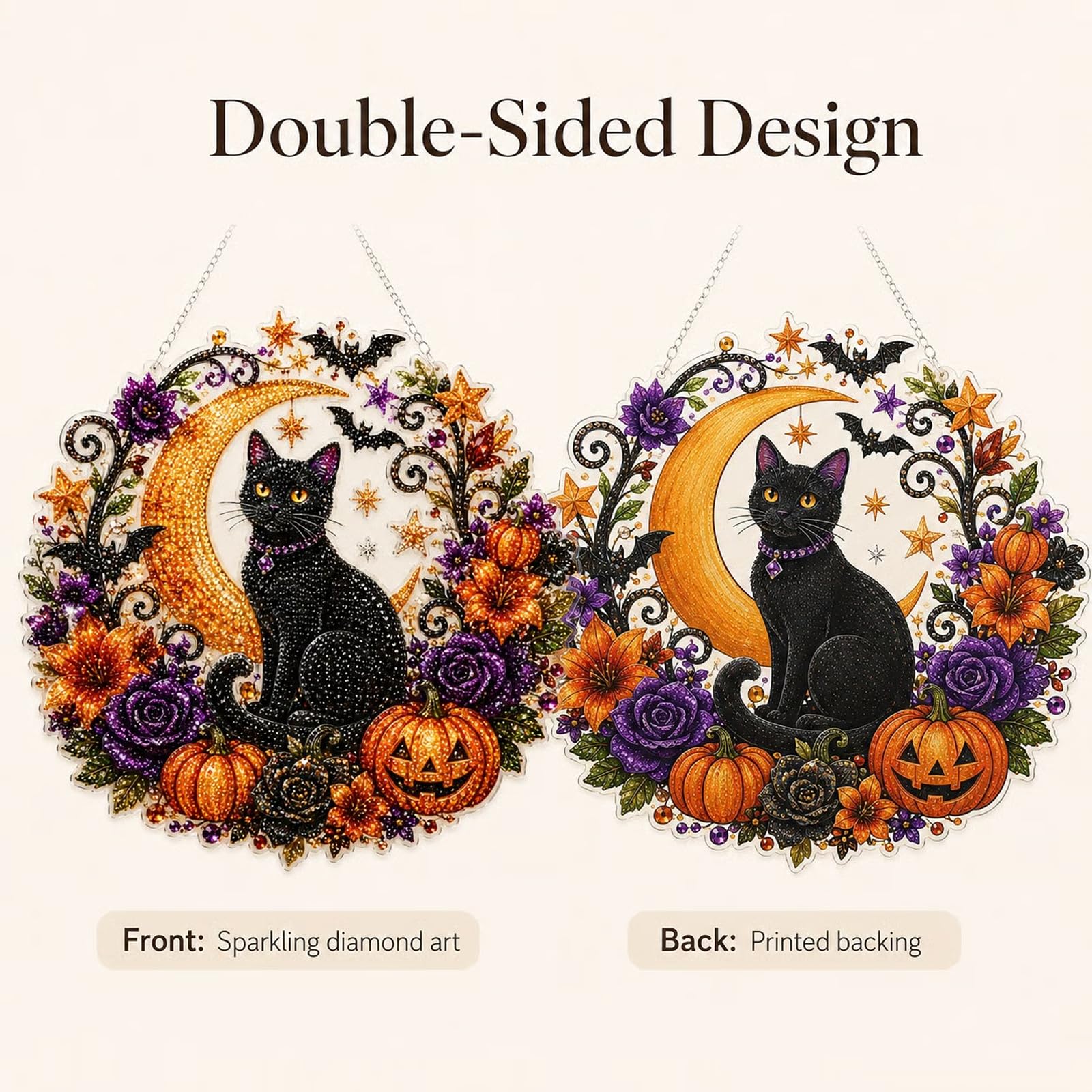Halloween Black Cat Diamond Art Ornament Kit – DIY Moon Cat Acrylic Hanging Decoration for Spooky Season & Fall Home Decor