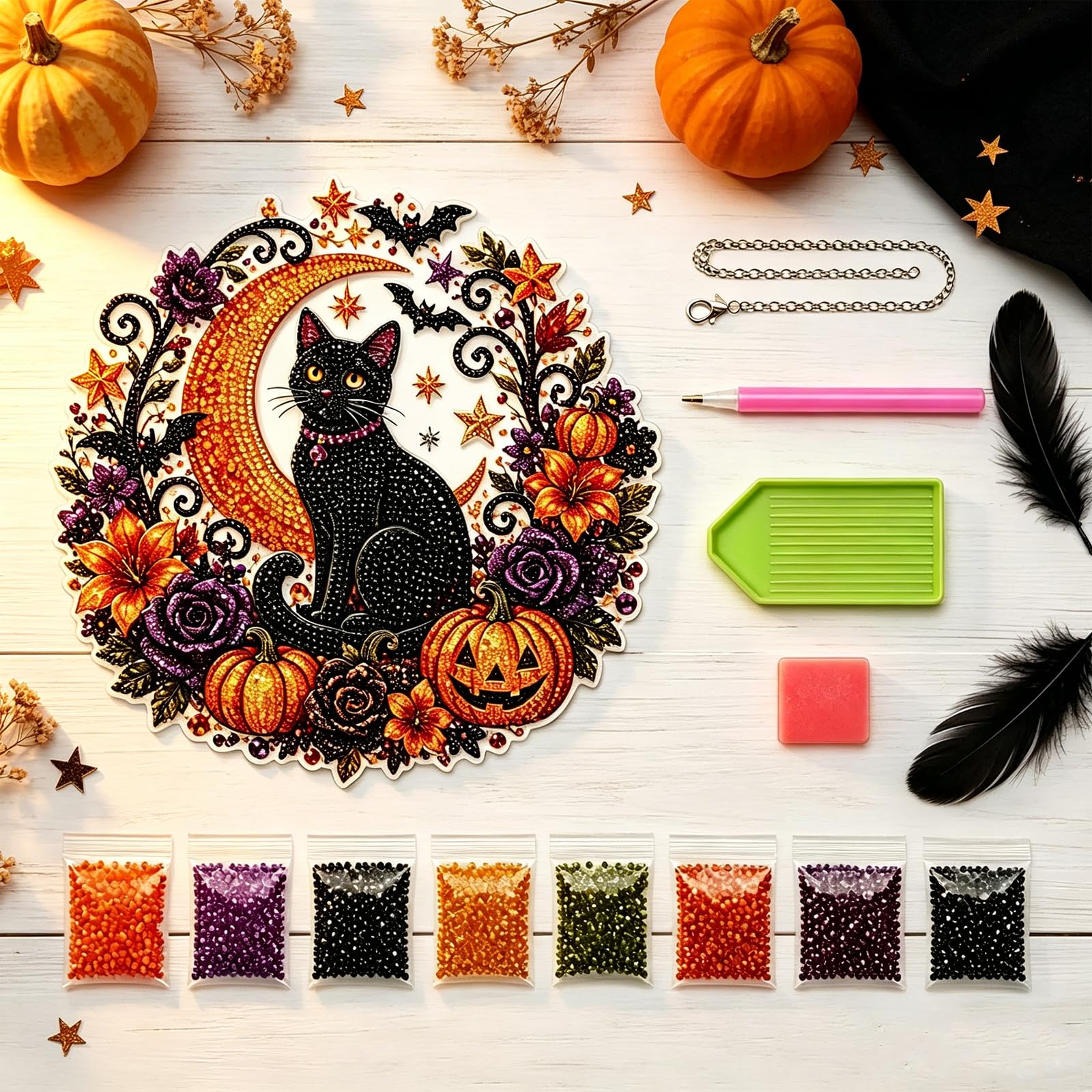 Halloween Black Cat Diamond Art Ornament Kit – DIY Moon Cat Acrylic Hanging Decoration for Spooky Season & Fall Home Decor