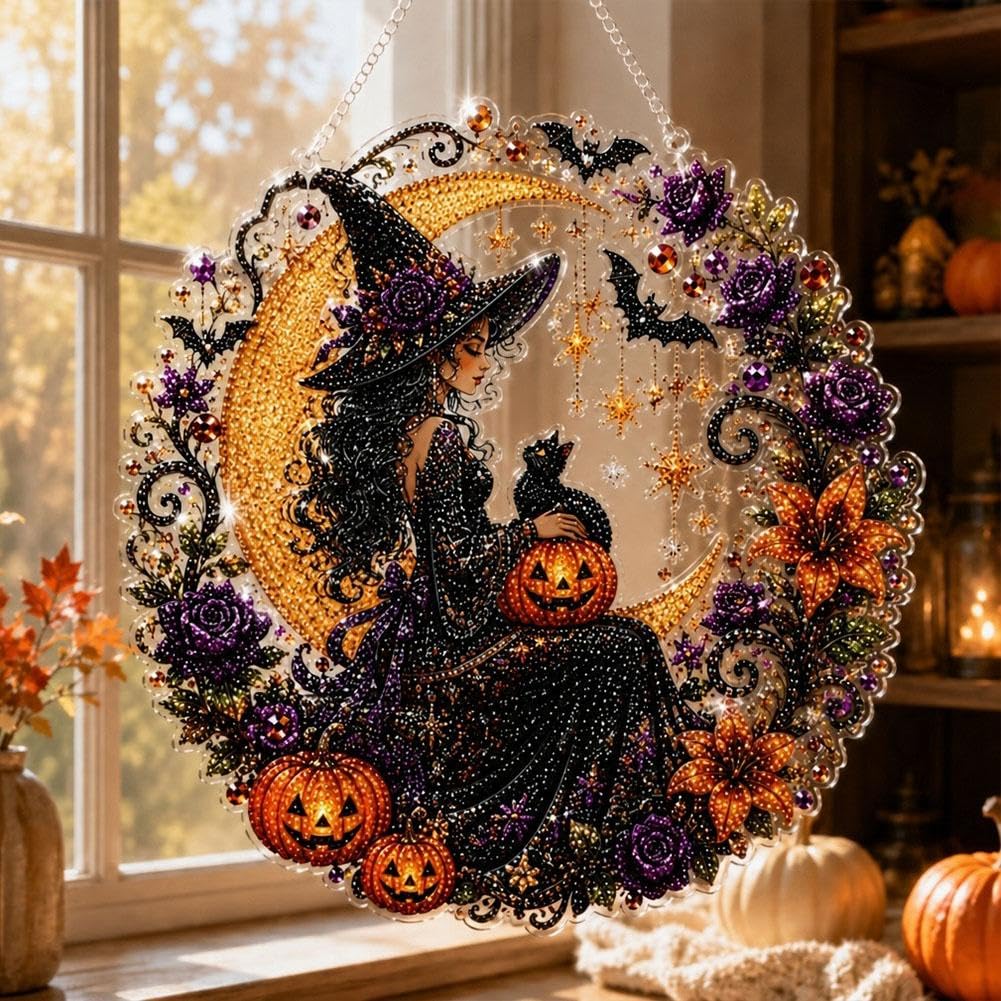 Halloween Witch Moon Diamond Art Hanging Ornament Kit – DIY Acrylic Gem Painting Pendant for Fall Home Decor & Spooky Season Crafts