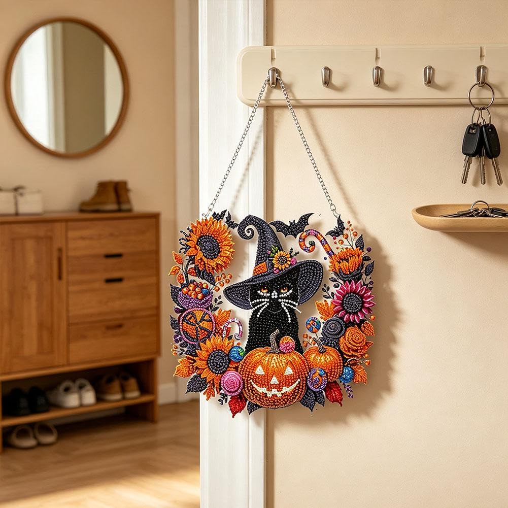Halloween Witch Moon Diamond Art Hanging Ornament Kit – DIY Acrylic Gem Painting Pendant for Fall Home Decor & Spooky Season Crafts