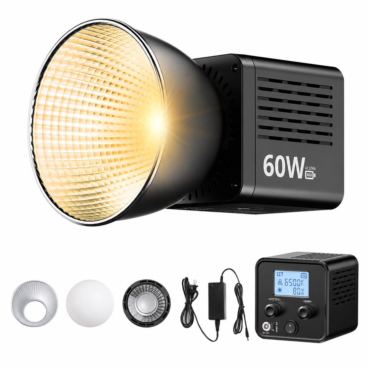 60W RGB Portable COB Video Light – Rechargeable Mini Bowens LED Photography Light with 20 FX Effects, 2500K–6500K & CRI95+