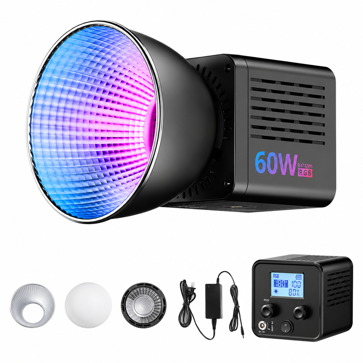60W RGB Portable COB Video Light – Rechargeable Mini Bowens LED Photography Light with 20 FX Effects, 2500K–6500K & CRI95+