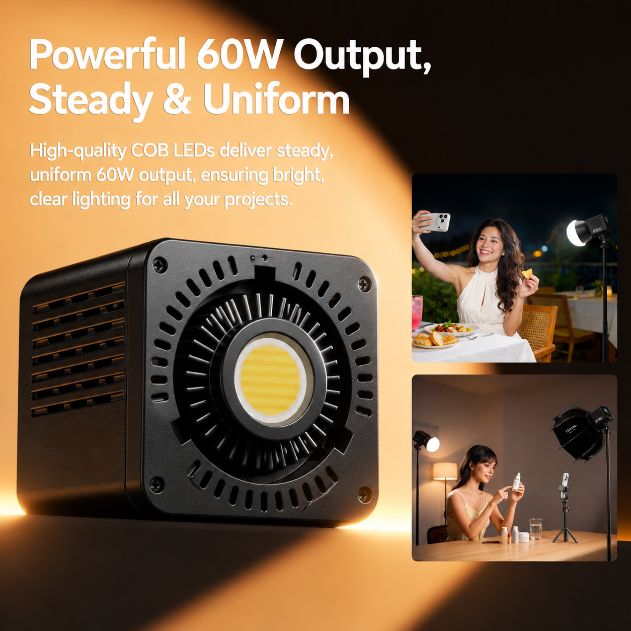 60W RGB Portable COB Video Light – Rechargeable Mini Bowens LED Photography Light with 20 FX Effects, 2500K–6500K & CRI95+