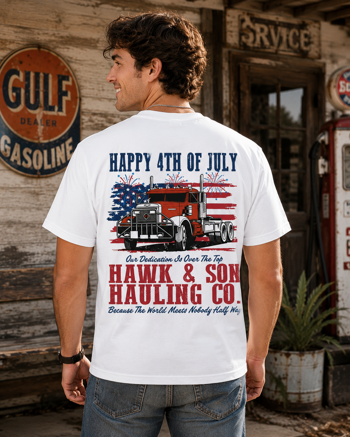 Patriotic Big Rig Graphic T-Shirt – Vintage American Trucker Independence Day Tee