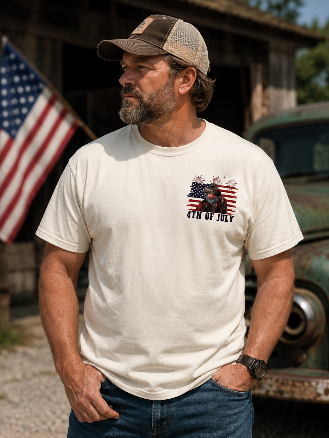 Patriotic Mountain Man Graphic T-Shirt – Vintage Americana Fourth of July Tee