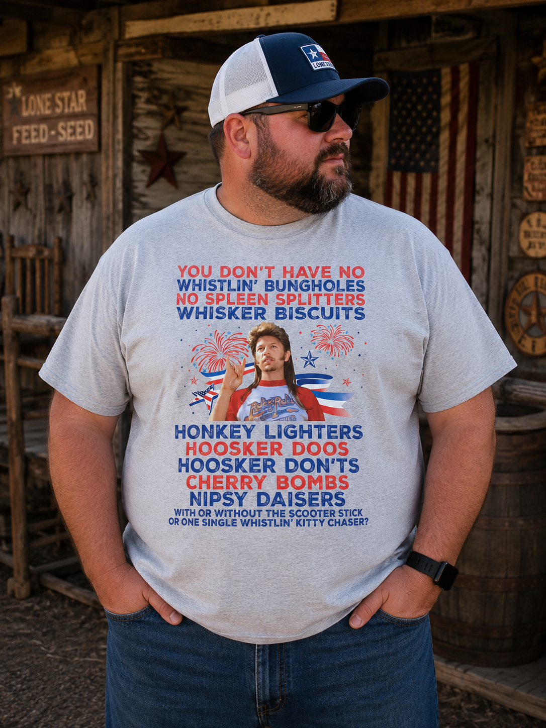 Fireworks & Country Humor Graphic T-Shirt – Vintage Americana Tee