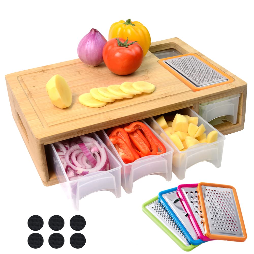 Bamboo Cutting Board with Containers, Lids & Graters – Large Multi-Functional Prep Station with Juice Groove & Easy-Grip Handle