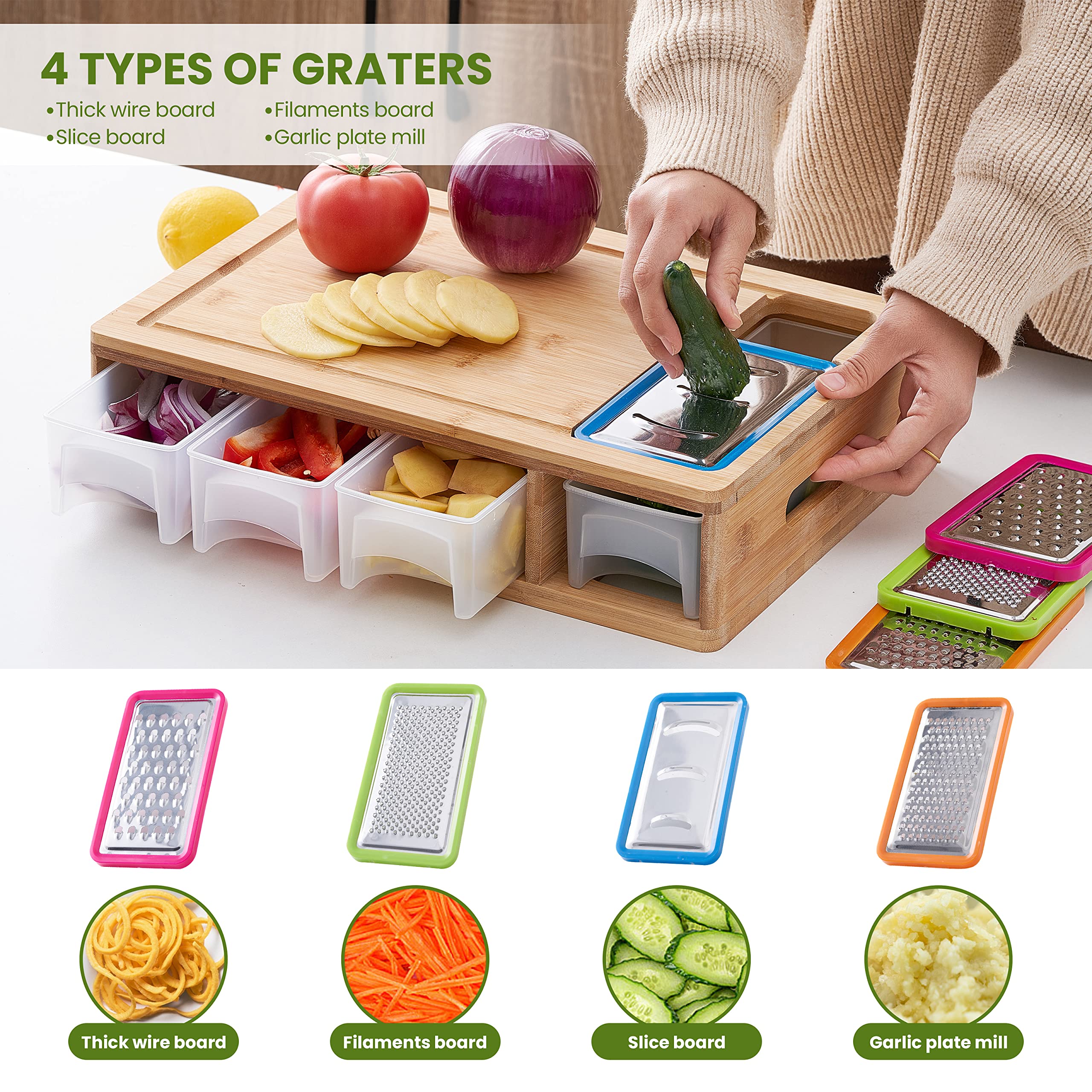 Bamboo Cutting Board with Containers, Lids & Graters – Large Multi-Functional Prep Station with Juice Groove & Easy-Grip Handle