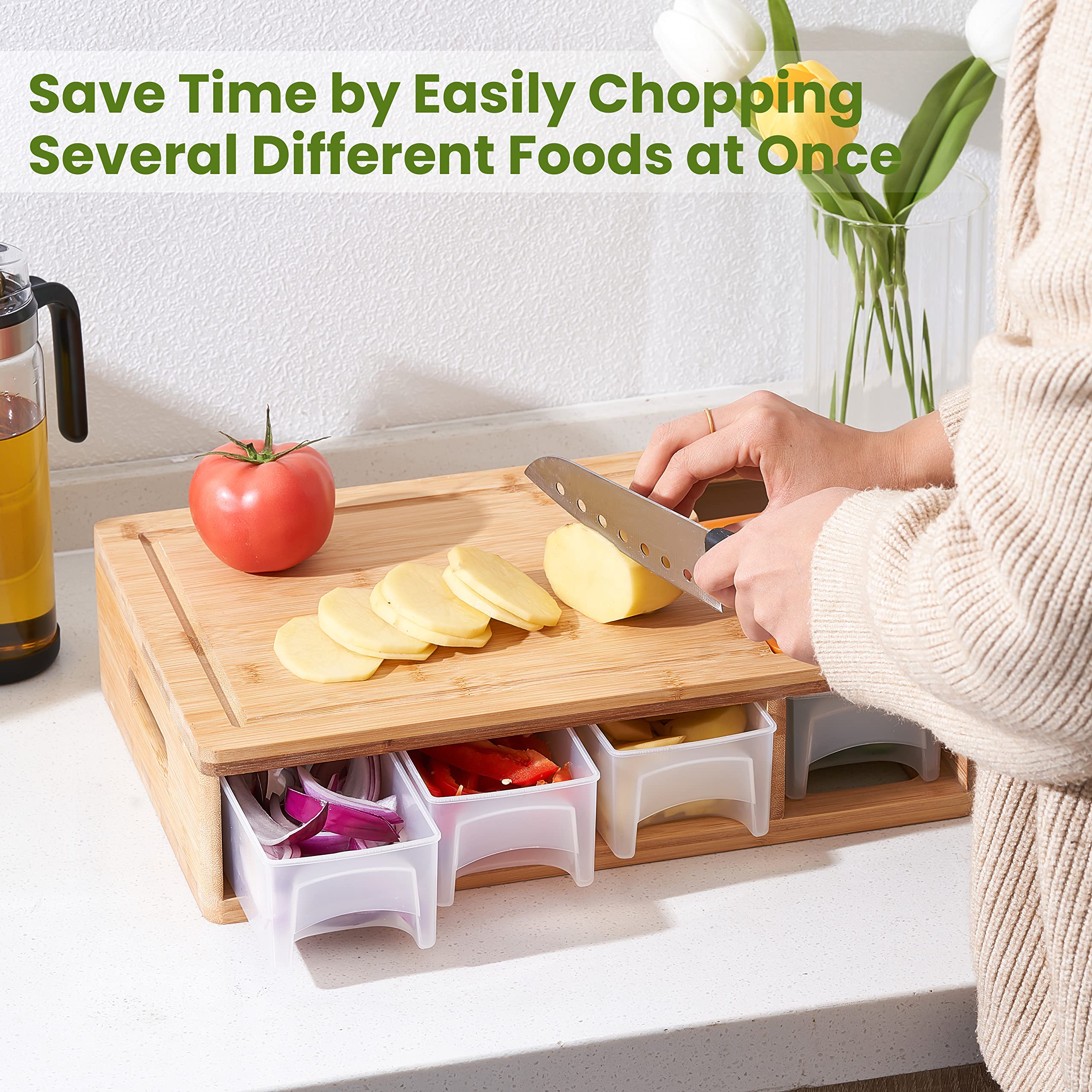 Bamboo Cutting Board with Containers, Lids & Graters – Large Multi-Functional Prep Station with Juice Groove & Easy-Grip Handle