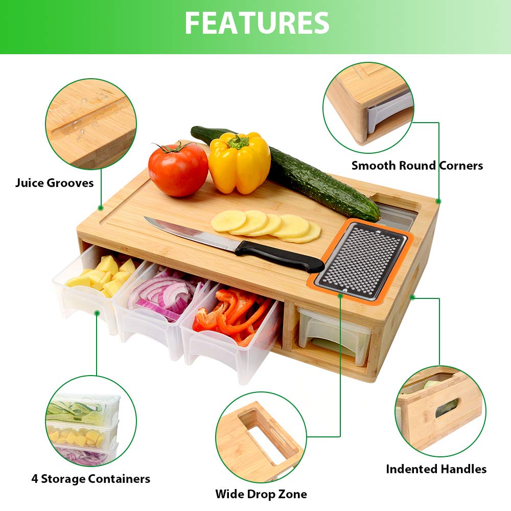 Bamboo Cutting Board with Containers, Lids & Graters – Large Multi-Functional Prep Station with Juice Groove & Easy-Grip Handle