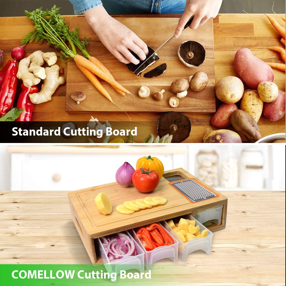 Bamboo Cutting Board with Containers, Lids & Graters – Large Multi-Functional Prep Station with Juice Groove & Easy-Grip Handle