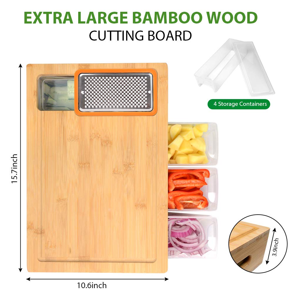 Bamboo Cutting Board with Containers, Lids & Graters – Large Multi-Functional Prep Station with Juice Groove & Easy-Grip Handle