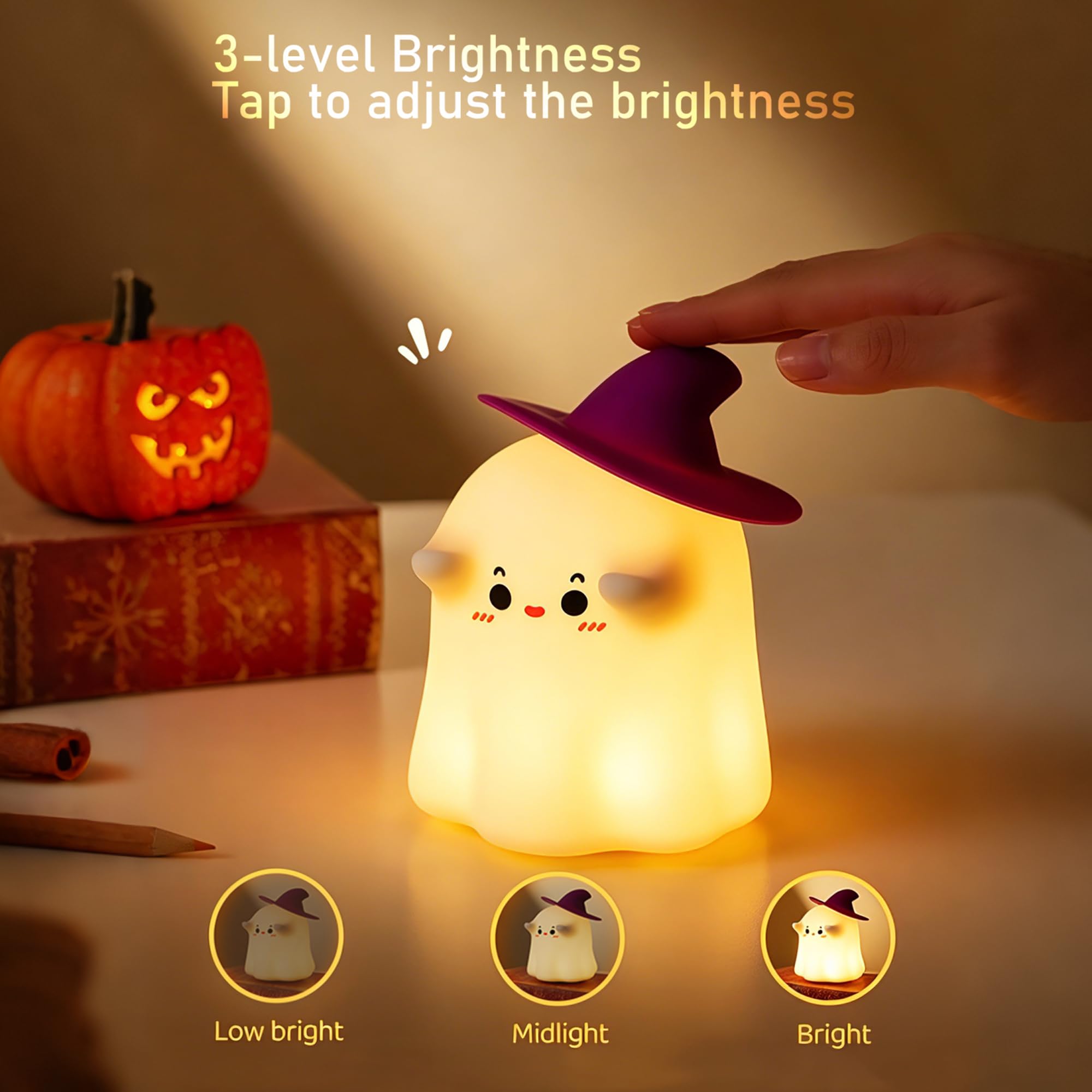Cute Ghost Night Light – Rechargeable Dimmable Halloween Silicone Lamp with Tap Control for Bedroom & Nursery Decor