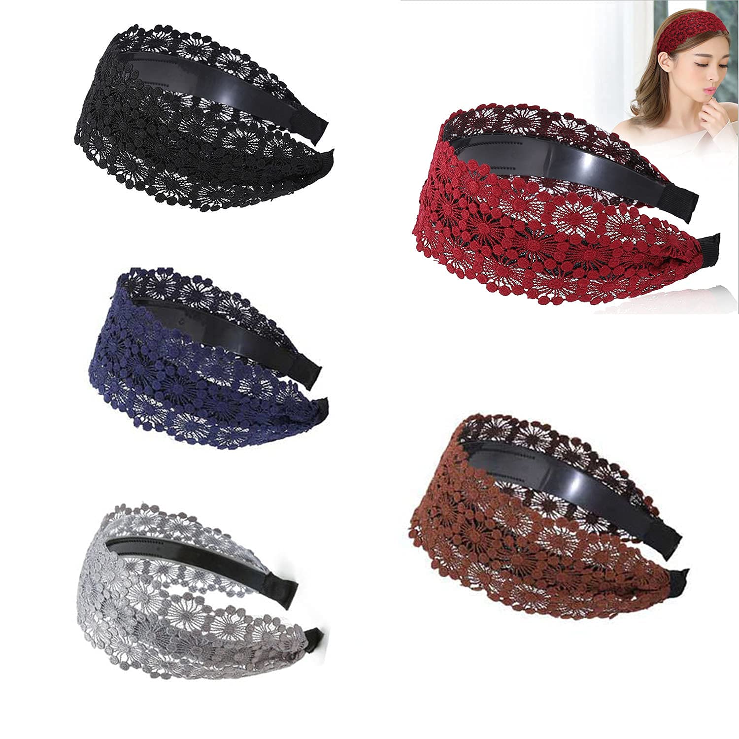 Fashion Wide Lace Headbands for Women – Elegant Non-Slip Stretch Hairbands for Everyday Hairstyles