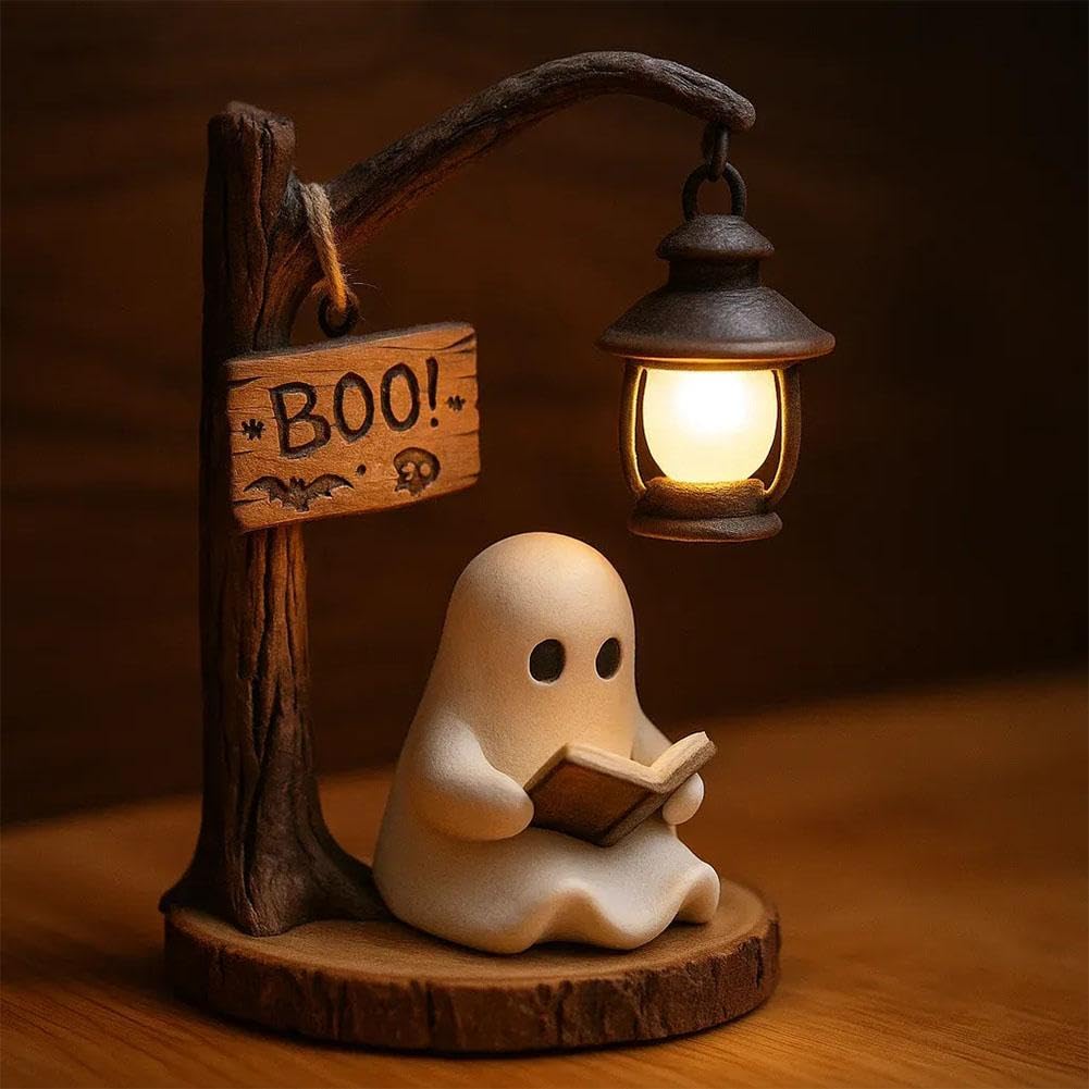 Cute Ghost Reading Lantern– 3D Resin Halloween Night Light with Cozy LED Glow for Desk & Home Décor