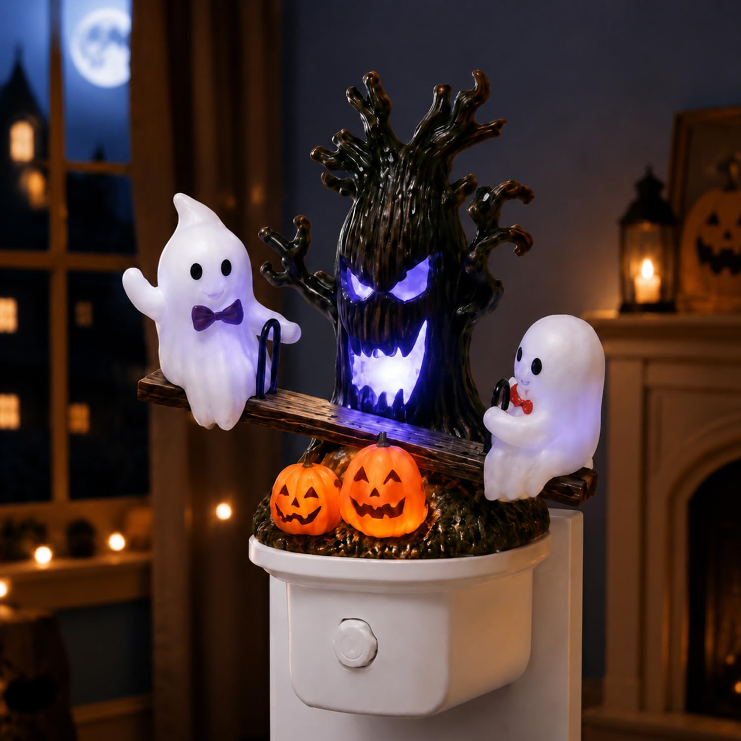 Animated Ghost Seesaw Halloween Night Light – Plug-In LED Wall Decor with Haunted Tree & Pumpkin Design
