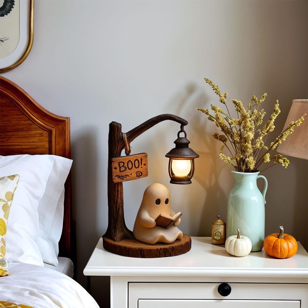 Cute Ghost Reading Lantern– 3D Resin Halloween Night Light with Cozy LED Glow for Desk & Home Décor