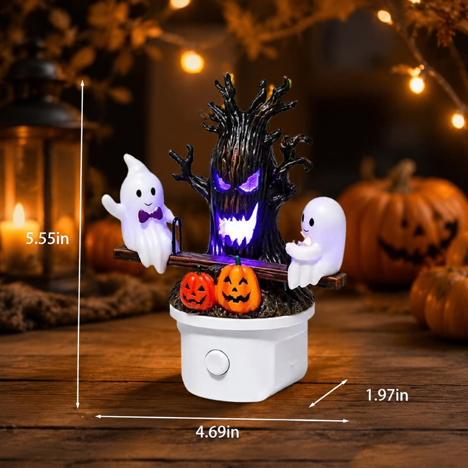 Animated Ghost Seesaw Halloween Night Light – Plug-In LED Wall Decor with Haunted Tree & Pumpkin Design