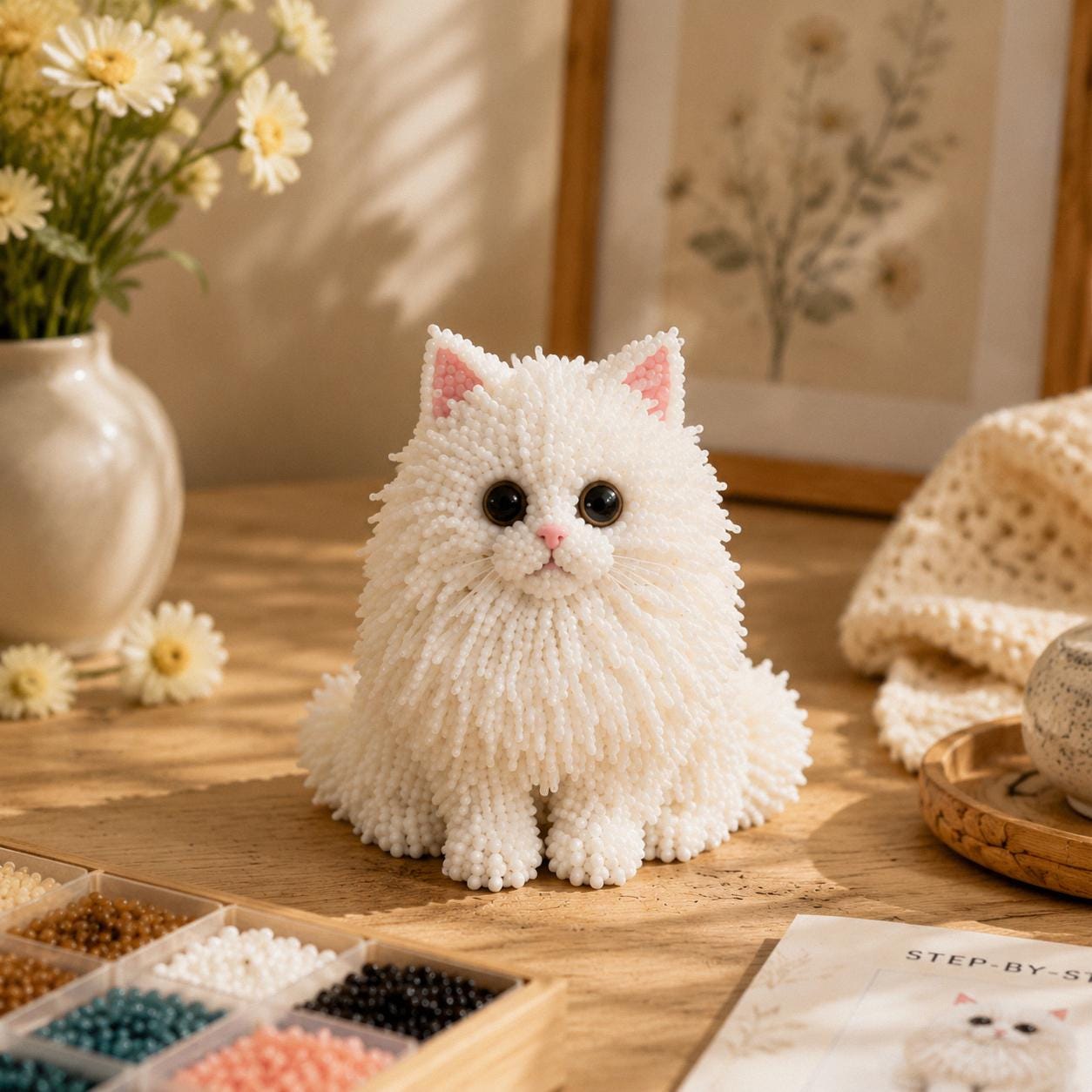 3D Beaded Cat DIY Kit – Cute Long Hair Cat Handmade Craft Set for Adults & Teens Home Decor