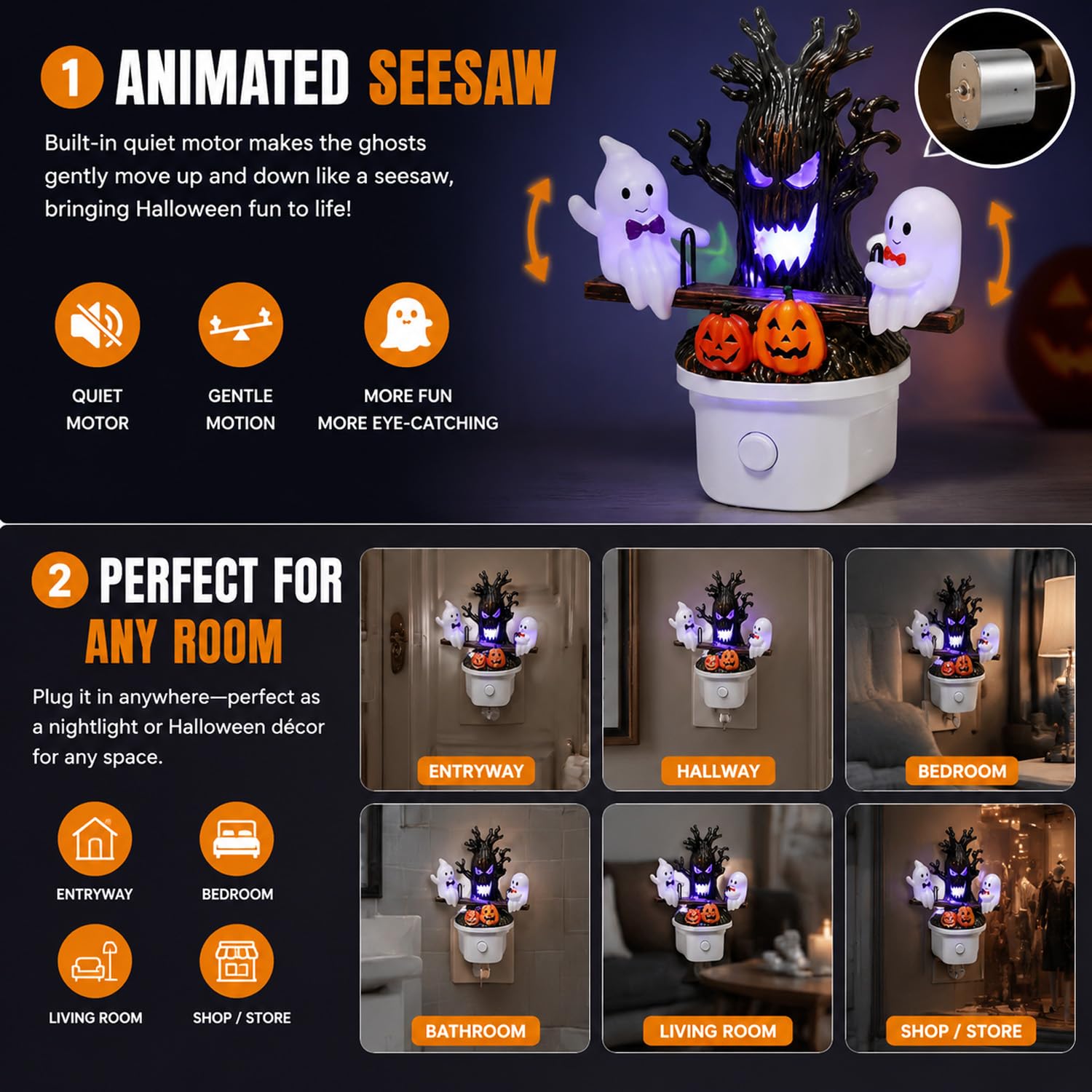 Animated Ghost Seesaw Halloween Night Light – Plug-In LED Wall Decor with Haunted Tree & Pumpkin Design